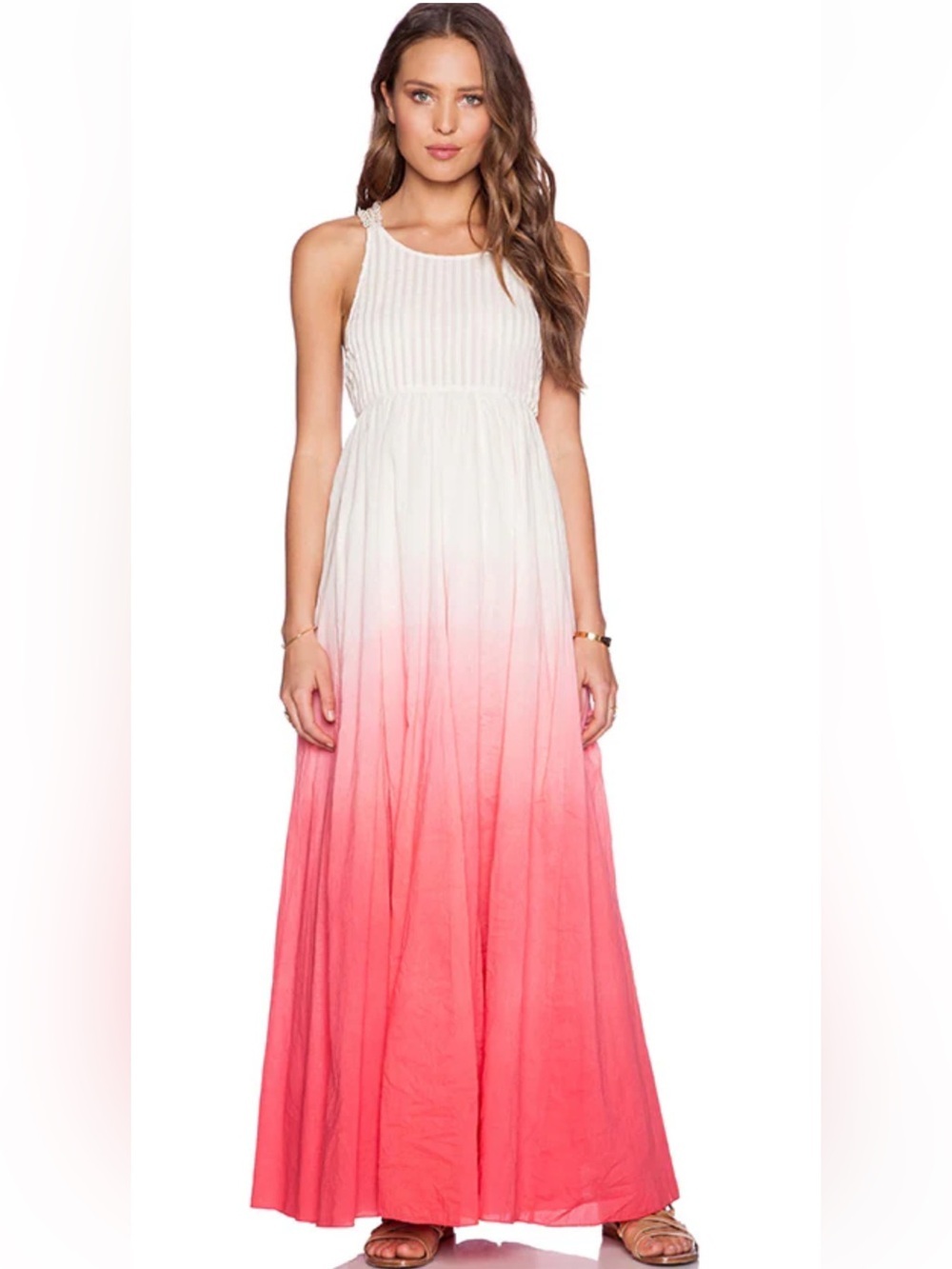 RAGA XS Pink Ombre Maxi Dress Boho Crochet Lace Back Sleeveless Cotton Resort